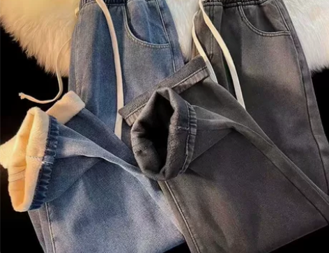 加绒加厚牛仔裤男秋冬季宽松直筒松紧腰阔腿裤...