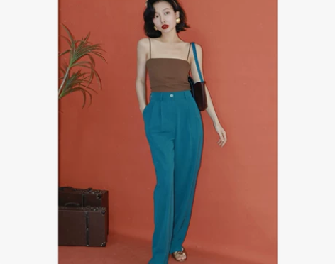 IVY YANG 复古高腰垂感休闲裤女夏季...