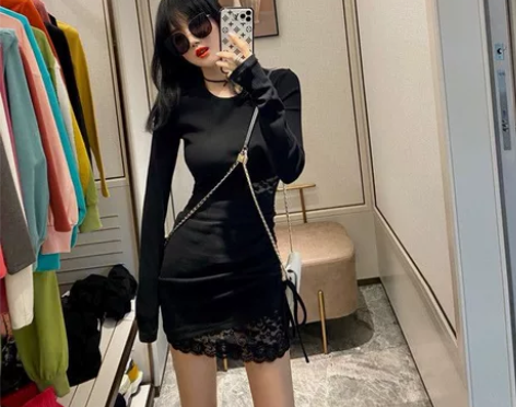 针织打底连衣裙女秋冬季内搭裙子性感蕾丝拼接...