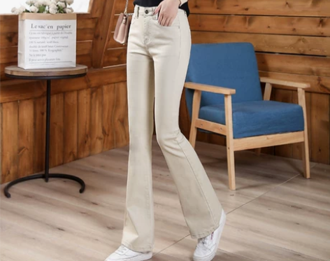 【38活动价】米色微喇牛仔裤女春2022新...