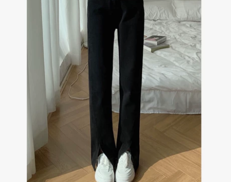 秋冬季开叉黑色牛仔裤女装高腰微喇叭裤子小个...