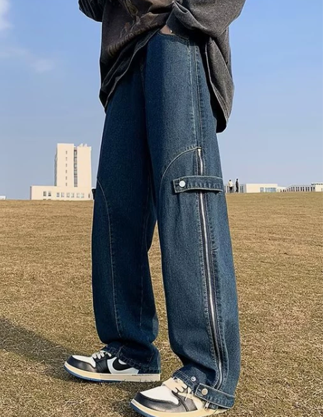 2023牛仔长裤男美式高街潮牌设计感阔腿裤...