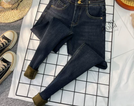 高腰加绒牛仔裤女2022年新款秋冬季显瘦黑...