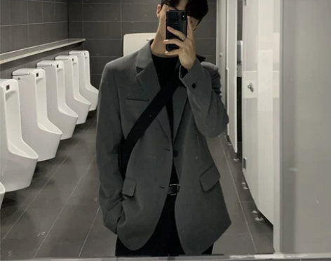 灰色oversize西装外套男ins高级感...