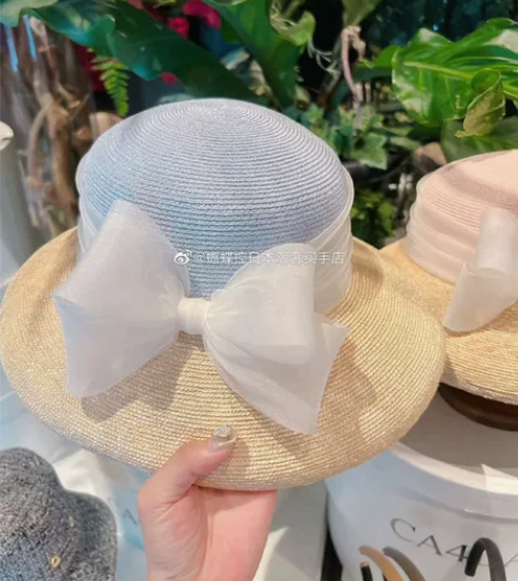 夏天买的草帽一次没带,蓝色的,蝴蝶结很仙很...