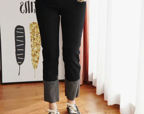 加肥加大 水洗牛仔裤2021秋冬薄绒拼接弹...