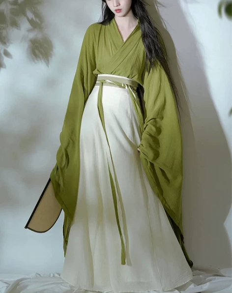 绿色汉服夏款女改良魏晋风南北朝古装可以上班...