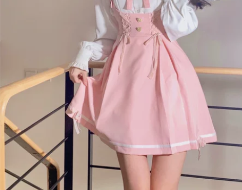 树懒小屋花园小猫 春秋背带裙高腰连衣短裙半...