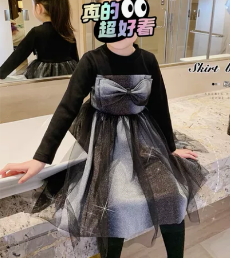 全新女童秋冬季加绒公主风拼接网纱连衣裙 全...