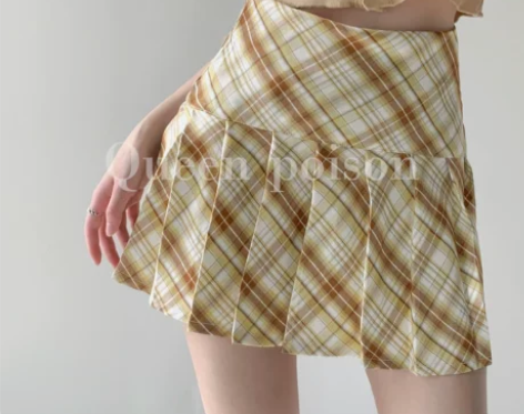 美式复古格子百褶裙女秋高腰显瘦防走光半身裙...