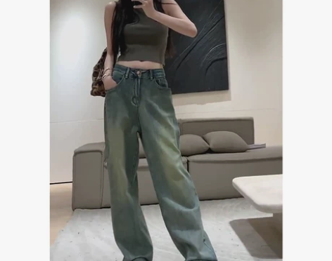 温婉同款高腰显瘦直筒牛仔裤女2022新款水...