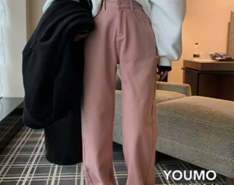 YOUMO有陌13812脏粉色阔腿牛仔裤女...
