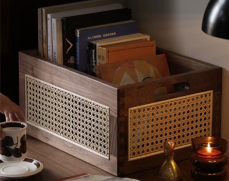 胡桃木色桐木藤编收纳筐家用双耳编制复古整理...