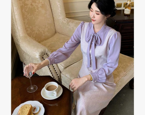 游腻腻[伊芙花园]薰衣草紫法式假两件长裙秋...