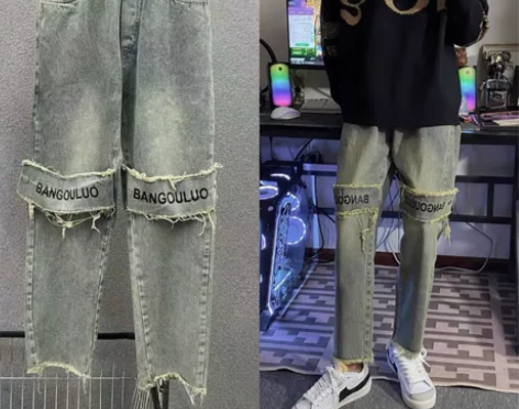 秋季新款贴布泥黄毛边牛仔裤男潮高街百搭复古...