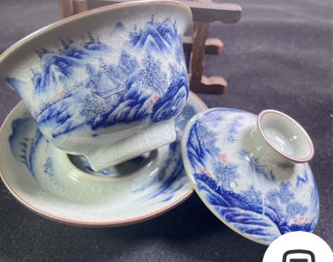 景德镇青花老陶泥山水三才盖碗三才碗 富春山...