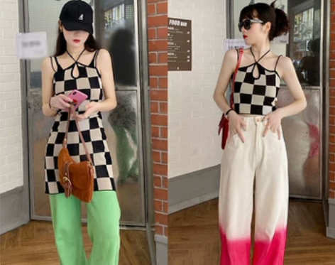 花田橱窗棋盘格子吊带裙子背心外穿女夏港风辣...