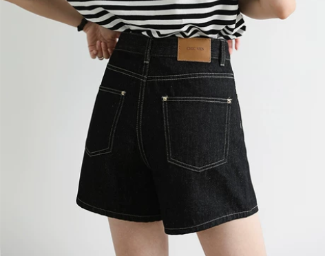 CHICVEN 韩版黑色高腰A字牛仔短裤女...