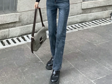 设计感卷边九分牛仔裤女高腰裤复古直筒显瘦裤...