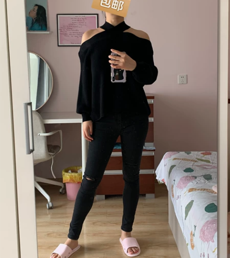 Veromoda黑色小脚破洞牛仔裤 形挺好...