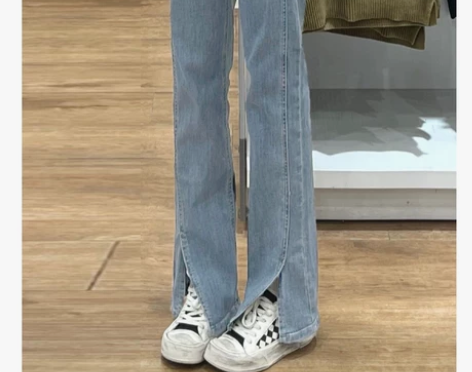 开叉牛仔裤女秋冬高腰显瘦直筒烟管裤宽松加绒...