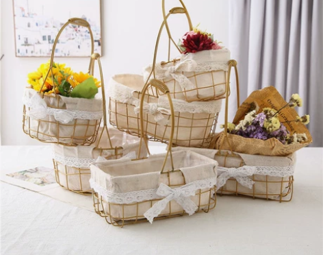 北欧铁艺花篮手提金属藤编花盆水果篮野餐篮子...