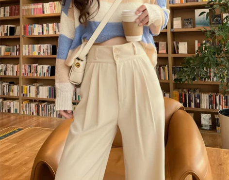 米白色阔腿裤女春季新款宽松垂感高腰直筒休闲...