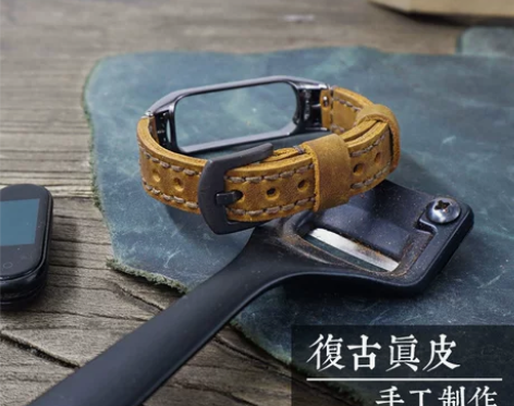 手表腕表复古手工牛皮疯马皮适用小米手环4腕...