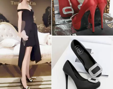 2022欧美水钻方扣黑色超高跟鞋新款细跟绸...