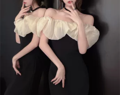 法式一字肩性感连衣裙夏收腰显瘦包臀裙宴会赫...