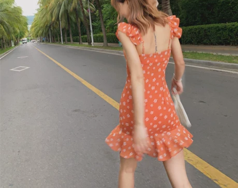 2020夏ins超火渡假橘色法式复古仙高腰...