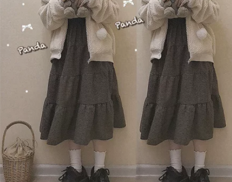 @自制 千鸟格 中长款半身裙古着感秋冬a字...