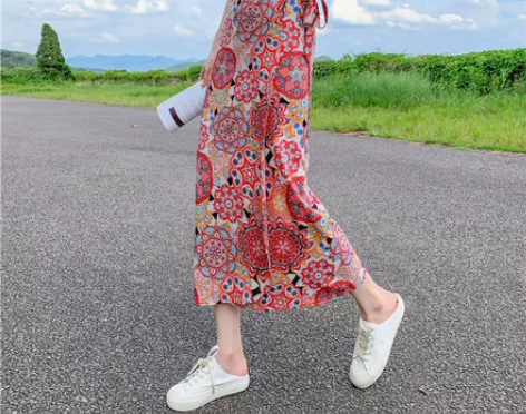 傣族裙子女西双版纳民族风印花开叉裹裙海边度...