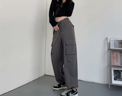 灰色阔腿裤子女春季新款宽松束脚卫裤高腰显