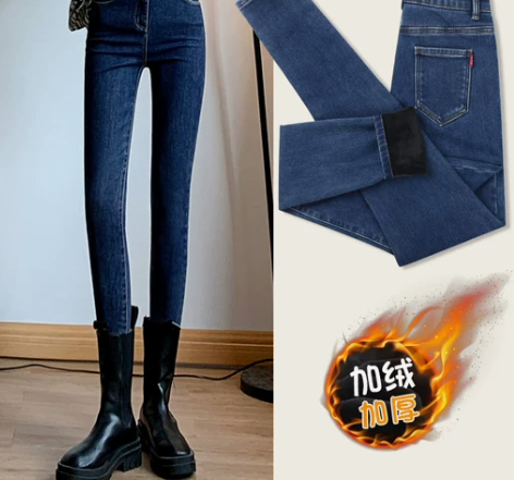 加绒小脚牛仔裤女秋冬2022新款加厚高腰弹...