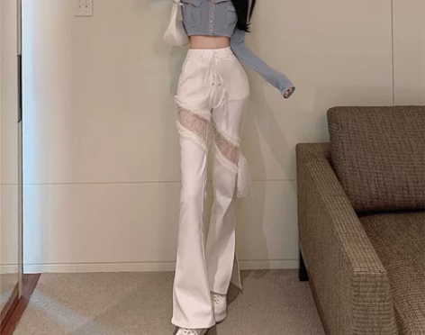 白色高腰显瘦开叉喇叭休闲裤女春季新款宽松直...