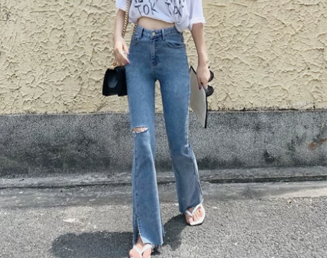 【吾折天价】高腰破洞微喇叭牛仔裤女夏装泫雅...