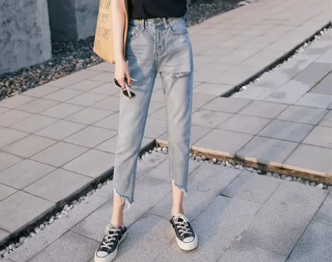 高腰破洞宽松阔腿直筒牛仔裤女 八分裤27腰...