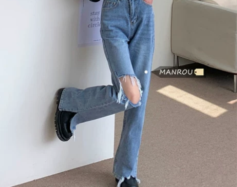 夏季复古破洞高腰开叉牛仔裤女小个子薄款阔腿...