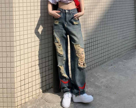 春夏破洞牛仔裤女高街潮ins乞丐个性宽松直...