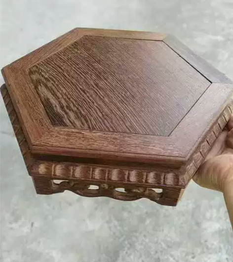 红木工艺品鸡翅木六角底座石头奇石底座花瓶盆...