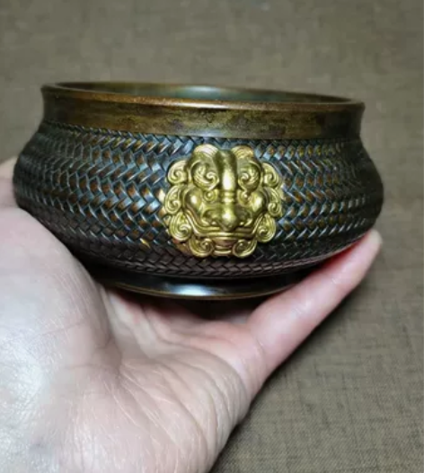 大号双兽头鎏金竹编纹铜香炉线香炉，也可做烟...