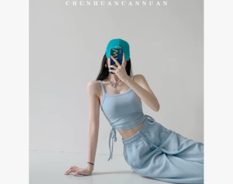 美式小众侧面抽绳吊带女夏修身短款露脐外穿背...