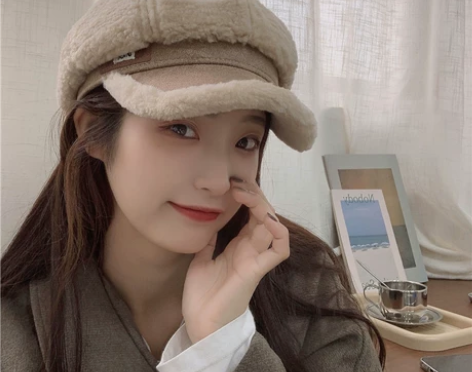 甜美出挑~秋冬新款拼接毛绒贝雷帽女日系百搭...