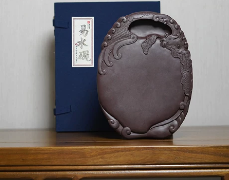 青鸾衔桃 仿古砚台古代神鸟天然紫翠石非遗名...