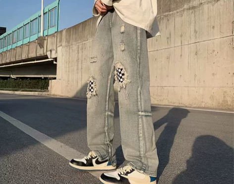 破洞补丁牛仔裤男美式ins高街直筒裤子春秋...