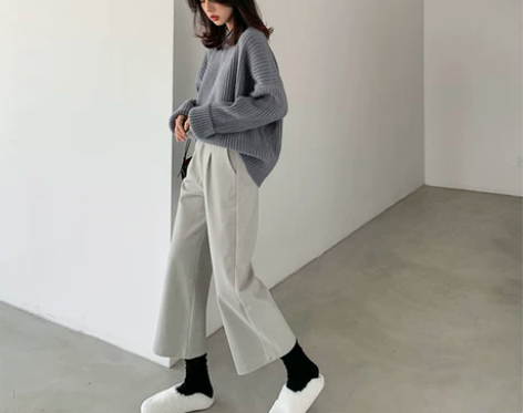四喜家 毛呢阔腿裤女秋冬休闲裤直筒九分裤c...