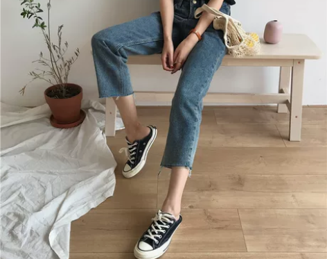 韩版复古宽松高腰直筒裤子女春秋2018新款...
