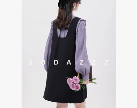 张汽水蝴蝶结系带长袖上衣女叠穿背带连衣裙时...