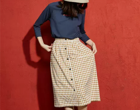 森宿B万千种旋律秋装文艺简约格子A字半身裙...